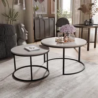 Grekpol Skandinavischer 2er Set runder Couchtisch Lavo in Kaschmirfarben mit Metallgestell Sofatisch Kaffeetisch Wohnzimmertisch Schwarz / Kaschmir