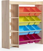 WonderMind© Montessori Massivholz Kinder Spielzeug Regal Bücherregal mit Spielzeugkisten B115 x T30 x H115 cm - 12 Aufbewahrungskisten- Farbe: Bunt