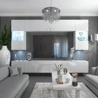 Wohnwand U1W, Front Farbe Weiß Hochglanz, mit LED Beleuchtung. Breite 300 cm