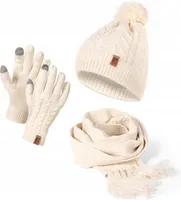 Damen Mütze Schal Winter Set | Gefütterte Strickmütze mit Bommel | Winterschal mit Fransen | Touchscreen Handschuhe Beige