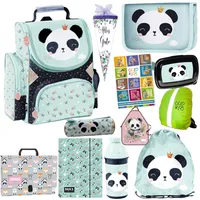 Schulranzen Set 12er XXL Panda ergonomischer Ranzen Federmappe Zuckertüte Schürze Turnbeutel Brotdose Trinkflasche Aufgabenheft für die Grundschule
