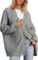 ASKSA Damen Strickjacke Strick Outwear V-Ausschnitt Vorne Offen Leicht Lockere Pullover mit Knoepfen, Grau, S