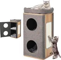 COSTWAY 3-stöckige Katzenhöhle Katzentonne, Katzenhaus mit Kratzbrett & 3 Matten, Spieltonne für Katzen bis 20 kg, Katzenkratzbaum mit Höhlen, Katzenturm Kratzbaum Katzenmöbel, Grau, Natur