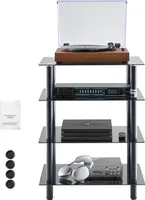 SucceBuy 4-poziomowy stojak multimedialny AV, regulowany schowek audio/wideo z półkami z hartowanego szkła, szafka multimedialna do gier i pomieszczeń do nagrywania na DVD/konsole/skrzynki kablowe