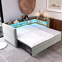 LVHOM Tagesbett 90x190/180x190cm mit LED Und Steckdosen, Daybett mit Ausziehbarer Liegefläche, Schlafsofa mit Stauraum, Beige
