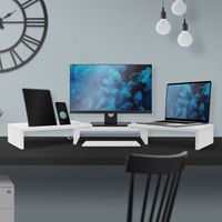 ML-Design Dual Monitor Stand Riser, 110x27x10,5 cm, Weiß, aus Holz, Monitorständer für 2 Monitore mit verstellbare Länge und Schwenkwinkel, 2 Halteschlitz, Unterbau Bildschirm, Monitorerhöhung Bildschirmständer