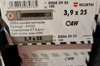 Art. 02063925 Würth Zebra Pias Bohrschraube Flachkopf Schrauben 3,9x25 AW 20, 100 Stück