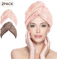 Vlasový turban, 2dílný turbanový ručník z mikrovlákna, rychleschnoucí absorpční ručník na vlasy, ručník na hlavu s knoflíkem, ručník na vlasy pro všechny typy vlasů (hnědé a růžové)