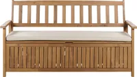 BELIANI 3-Sitzer Gartenbank Hellbrun Akazienholz 160 cm mit Stauraum Auflage Taupe Armlehnen Rückenlehne Latten-Optik Garten Terrasse Wintergarten