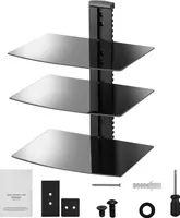 SucceBuy Pływające szklane półki z 3 poziomami, uchwyt ścienny TV z półką, nośność do 8,7 kg, centrum rozrywki dla odtwarzaczy DVD, PS4, dekoderów telewizji kablowej, konsol do gier, Sky Box, akcesoriów TV - Czarny