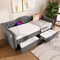 Multifunktionales Polsterbett mit USB- und Type-C-Ladeanschlüssen, zwei Schubladen und elegantem Design, Linen, in Grau, 90x190 cm
