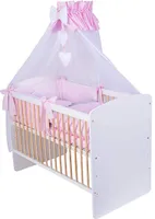 KMbaby Babybett K2 gelb-weiss 120x60 mit 10tlg Bettwäsche Set Matratze Gitterbett rosa grau