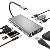 rozbočovač 10 v 1 Type-C na 4K HDMI / VGA / USB 3.0 / TF / SD / Audio / LAN RJ45 Gigabit Ethernet / PD 87W adaptér pro MacBook / notebook s Windows