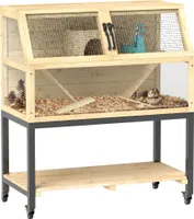 PawHut drevená klietka pre trpasličieho škrečka, 87 x 43 x 101 cm Klietka pre hlodavce s policou, fľaša na vodu, búdka, hojdačky, klietka pre malé zvieratá s kolieskami, rampa, prírodné drevo