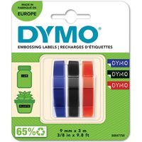 DYMO Original Prägeband | 3D schwarz | blau & rot | 9 mm x 3 m | selbstklebendes Kunststoff Etikettenband | für Junior & Omega Beschriftungsgerät | 3 Stück