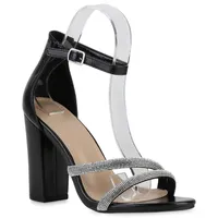 VAN HILL Damen High Heels Sandaletten Blockabsatz Party Strass Schuhe 840141, Farbe: Schwarz, Größe: 39