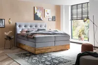 Belanoti MARBO Boxspringbett 160x200 mit Bettkasten 7-Zonen Taschenfederkern Matratze inklusive Visco Topper Bett 160x200 Eiche in der Farbe Hellgrau H2/H3 Polsterbett mit Massivholz Eiche