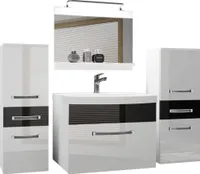 BELINI Badmöbel Vollausstattung Set Waschbeckenschrank, 2x kleiner Schrank, Waschbecken, Spiegel, Lampe (Weiß/ Schwarz, Glänzend)