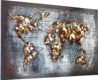 Kobolo Wandbild Wanddeko Metallbild 3D-Bild - WORLD - Metall - grau gold - 108x72 cm