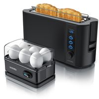 Arendo - SET Toaster FRUKOST mit Eierkocher SIXCOOK Edelstahl Schwarz, Toaster 2 Scheiben, LED-Display, 6 Bräunungsgrade, Brötchenhalter - Eierkocher 1-6 Eier, Messbecher