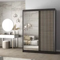 Schwebetürenschrank Kleiderschrank Schrank 150cm Schwarz/Sonoma mit Spiegel LED und Lamellen LAMI S
