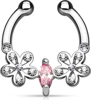 Nasenpiercing Nasenring Fake Piercing Septum Helix Zirkonia Kristalle Blume silber-rosa