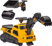 HOMCOM Sitzbagger, Kinderbagger, 3 in 1 Aufsitzbagger mit Schaufel, Schürfkübel, Walze, Rutschauto mit Musikfunktion, Rutscherfahrzeug für 1,5-4 Jahre Kinder, Metall, Gelb