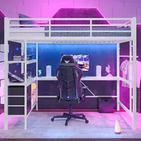 Łóżko loftowe Sweiko 140x200cm, z oświetleniem otoczenia, biurkiem, gniazdkiem + USB, 3 szufladami, półkami, barierką, schodami, bez materaca, białe