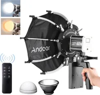 Andoer 60 W přenosné LED video světlo, COB fotografické světlo, 2800 K šC 6800 K, stmívatelné, 9 FX efektů s mini osmiúhelníkovým softboxovým reflektorem, rukojeť, dálkové ovládání pro živé vysílání, domácí studio, produktovou portrétní fotografii
