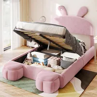 MODFU Kinderbett Polsterbett 140×200 cm mit warmfarbene LED-Licht, Jugendbett Doppelbett mit Kopfteil in Hasenohrenform und zwei Aufbewahrungshockern, Samt(Ohne Matratze), Boxspringbett Hydraulisches mit Bettkasten Stauraum, Samt Rosa