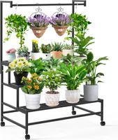 Blumenregal Pflanzenregal mit Rad L100xB62xH144cm Hängender Blumenständer Metall Schwarz 3 Etagen Blumentreppe Pflanzenständer Pflanzen Regal