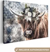 OneMillionCanvasses® - Plátno - Skotský horal - Květiny - Mlha, nástěnná malba, nástěnné dekorace obrazy obývací pokoj, 120x80cm