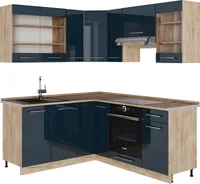 Vicco Eckküche Fame-Line, 160 x 60 cm ohne Arbeitsplatte, Dunkelblau Hochglanz/Goldkraft Eiche