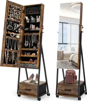 GOPLUS Schmuckschrank mit Spiegel, 360° drehbarer Spiegelschrank mit Schublade, abschließbare Schmuckaufbewahrung mit Rollen (Braun)