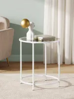 VASAGLE Beistelltisch, kleiner Glastisch, robustes Hartglas, rund, Ø 50 cm, perlweiß