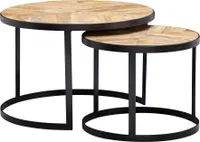 Couchtisch 2er Set Massivholz / Metall Wohnzimmertisch Industrial Rund | Beistelltisch mit Metallbeine Schwarz | Tischset 2-teilig Satztisch Holz