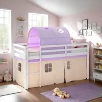Homestyle4u 2955, Hochbett 90x200 mit Lattenrost Tunnel Vorhang lila orange Kinderbett Weiß Holz Kiefer