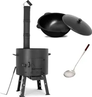 SCHWARZER DECKEL SET Feuerofen Utschak Feldküche mit Schornstein Ø ca. 40 cm + Kazan WOK Gusseisen 12 L + Schaumlöffel