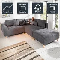 riess-ambiente Design Ecksofa SCANDINAVIA 250cm anthrazit Microvelours Wohnlandschaft mit Hocker und Kissen Eckcouch Couch Sofa