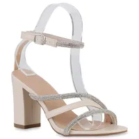 VAN HILL Damen Riemchensandaletten Sandaletten Blockabsatz Party Strass Schuhe 840154, Farbe: Beige, Größe: 39