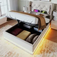 okwish Boxspringbett Polsterbett 90 x 200 cm mit Kopfteil mit USB-Ladeanschluss und LED-Beleuchtung, Hydraulisches Stauraumbett mit Bettkasten Stauraum(Ohne Matratze)- Beige