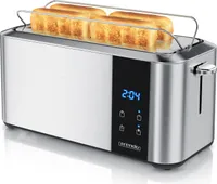 Arendo Toaster Langschlitz, Brötchenaufsatz, Wärmeisoliertes Gehäuse, Display, Touch, 2 lange Schlitze, für 4 Scheiben, 1500 W, LED-Anzeige mit Restzeit, Touchdisplay, Brötchenaufsatz