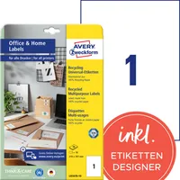 Avery Zweckform LR3478-10 Recycling Etiketten, Home Office, Kleinpackung, A4 Adressaufkleber, Versand-Etiketten 210 x 297 mm, naturweiß