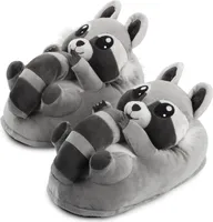 Corimori Süße Plüsch Hausschuhe (10+ Designs) Waschbär Lina“ Slipper Einheitsgröße 34-44 Uni Pantoffeln Grau Schwarz