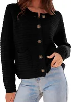 ASKSA Damen Strickjacke Rundhals Cardigan Knopfleiste Pullover Langarm Herbst Winter Grob Gestrickt Outerwear, Schwarz, L