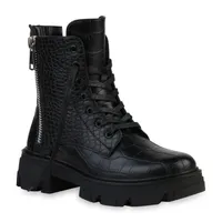 VAN HILL Damen Stiefeletten Plateau Boots Zipper Blockabsatz Schnürer 835653, Farbe: Schwarz, Größe: 40