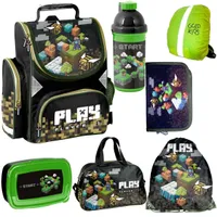 Minecraft 6er Set Schulranzen Ranzen Tornister Schulrucksack Federmappe Turnbeutel Turnsack Brotdose Trinkflasche Regenschutz Game Motiv ab 1 Klasse