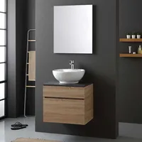 Badezimmerschrank aus naturbelassener Eiche, 80 cm, mit mattschwarzem Keramikwaschtisch und Spiegel aus der Sole-Serie