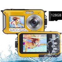 Digitální fotoaparát Fotoaparát 2,7K Full HD 48MP 16X digitální zoom Selfie Dvojitá obrazovkaNabíjecí podvodní fotoaparát s 128G kartou pro šnorchlování Žlutý