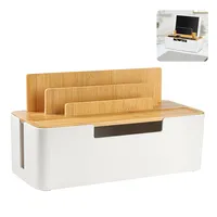 Kabelmanagement Box mit Bambusdeckel, Kabel Organizer für ordentliches Verstauen, Steckdosenbox für Schreibtisch, für Mobiltelefone, Tablets, Weiß